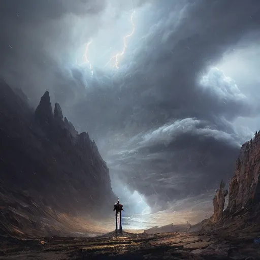 Prompt: a beautiful stunning insanely detailed complex matte painting of a robot wanderer looking at a tornado in the distance, cinematic lighting, mountains, epic scale, vast, by Greg Rutkowski, artstation