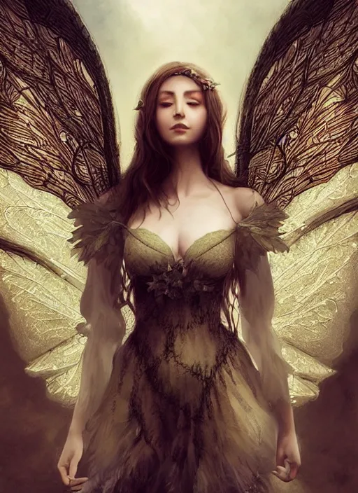 Image similar to full body portrait of a beautiful fairy women with wings of lace, by artgerm, sunny day, highly detailed, perfect lighting, perfect composition, symmetry, detailed features, 4 k, by alan lee, by derek zabrocki, by greg rutkowski