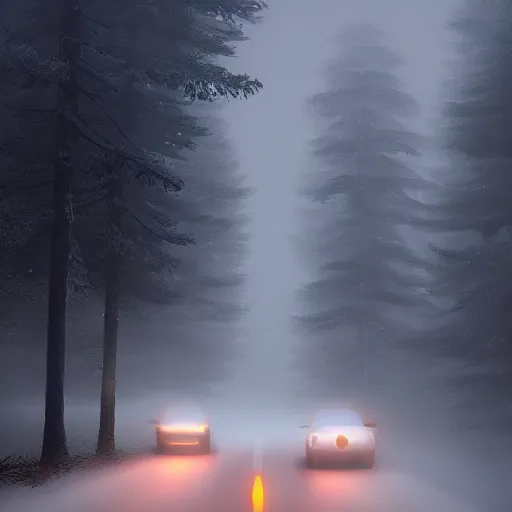Image similar to driving through foggy austrian alps, greg rutkowski, artstation, spooky, mysterious, cinematic, the shining opening scene