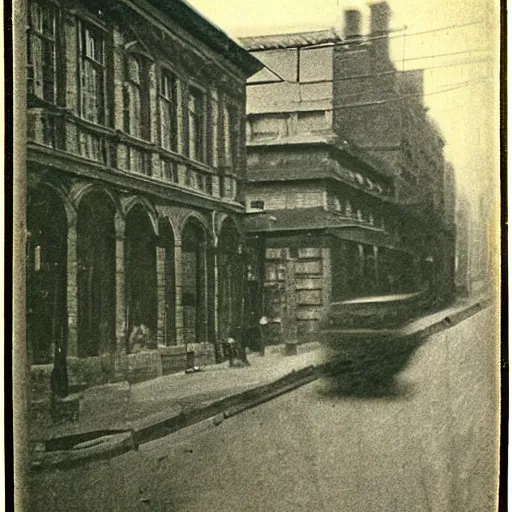 Prompt: street photograph from the 1700s, faded, blurry, first ever photograph