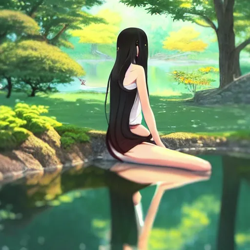 Prompt: a beautiful girl with long dark hair, sitting by a pond, japanese garden, daytime, sharp focus, intricate, digital painting, artstation, official media, anime key visual, highly detailed, rich vivid colors, ambient lighting, illustration, art by Artgerm, Makoto Shinkai, Ilya Kuvshinov, Lois Van Baarle, and Rossdraws