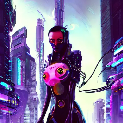 Prompt: a futuristic woman with headphones and a futuristic city in the background, cyberpunk art by Stephan Martiniere, trending on Artstation, afrofuturism, sci-fi, dystopian art, darksynth