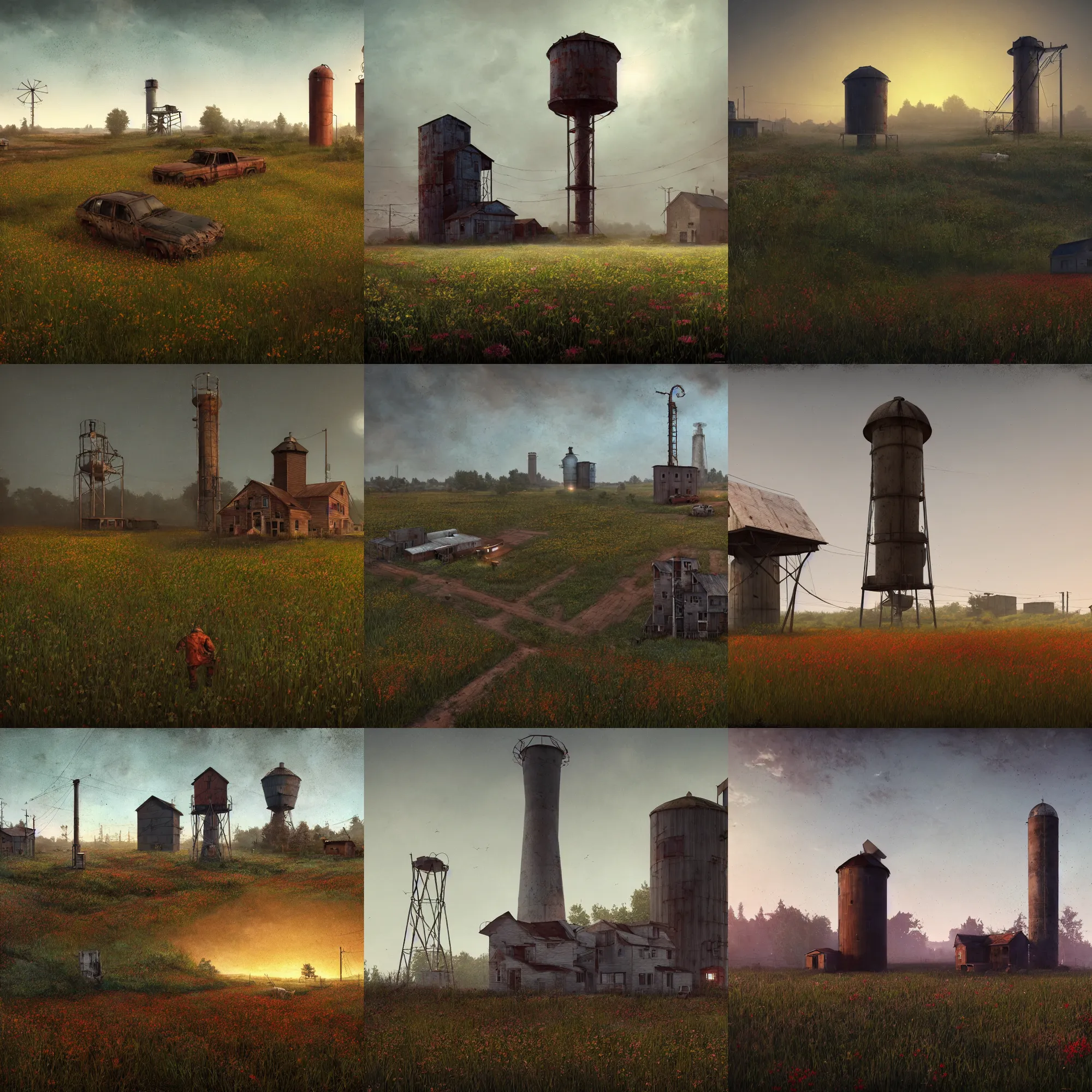 Prompt: rural post - cyberpunk, post - apocalyptic, farmhouse with a rusty water tower in a flower field by scott listfield and gregory crewdson, post - cyberpunk,! at night!, fog, 8 k render, ( lights ), trending on cgsociety, trending on artstation