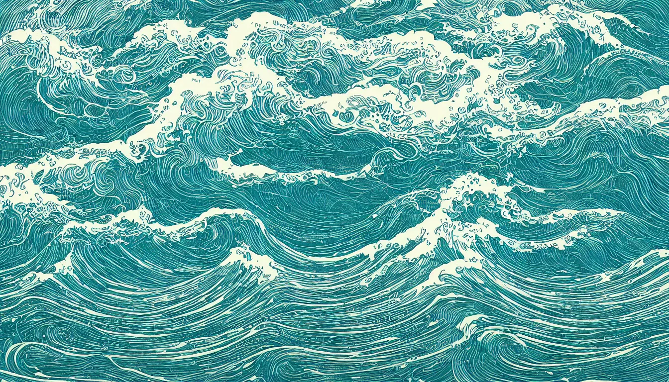 Image similar to huge waves far out at sea drawing by Victo Ngai, minimalist, detailed, horizon, black and white, kilian eng, josan gonzalez