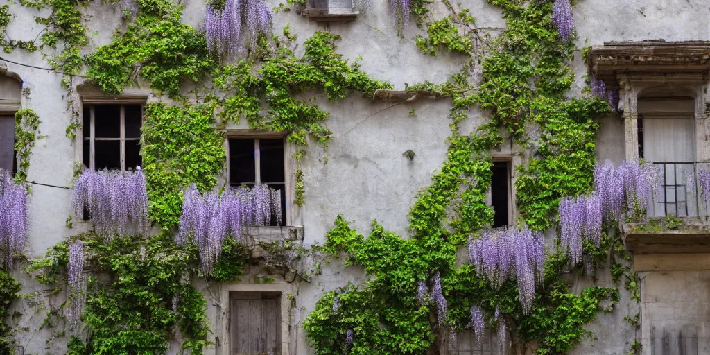 Image similar to photo of a ancient roman house with wisteria flowers, wallpaper, arhitectural shot, national geographic, award arhitectural photography, professional arhitectural photography, sunny, day time, beautiful, warm light, fernando guerra, tekla evelina severin, karen vikke