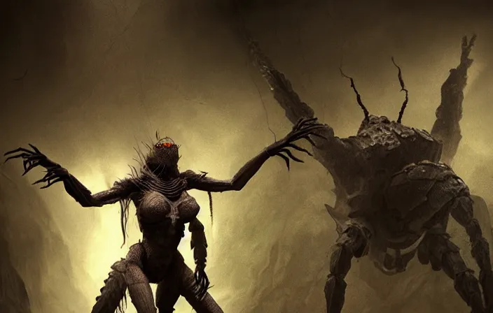 Prompt: creepy matte painting of an armored female spider centaur with eight spider legs in a dark cave, ultra detailed, monster, half human half spider, human torso and head, human face, human arms, spider thorax, creature design, concept art, 8 k, moody lighting, muted colors, dramatic lighting, realistically proportioned face, stan winston studios