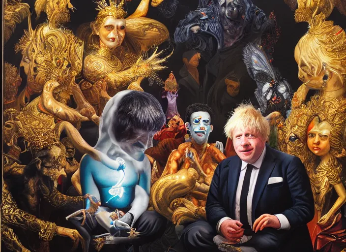 Image similar to rishi sunak and boris johnson in heaven, abstract oil painting by gottfried helnwein pablo amaringo raqib shaw zeiss lens sharp focus high contrast chiaroscuro gold complex intricate bejeweled