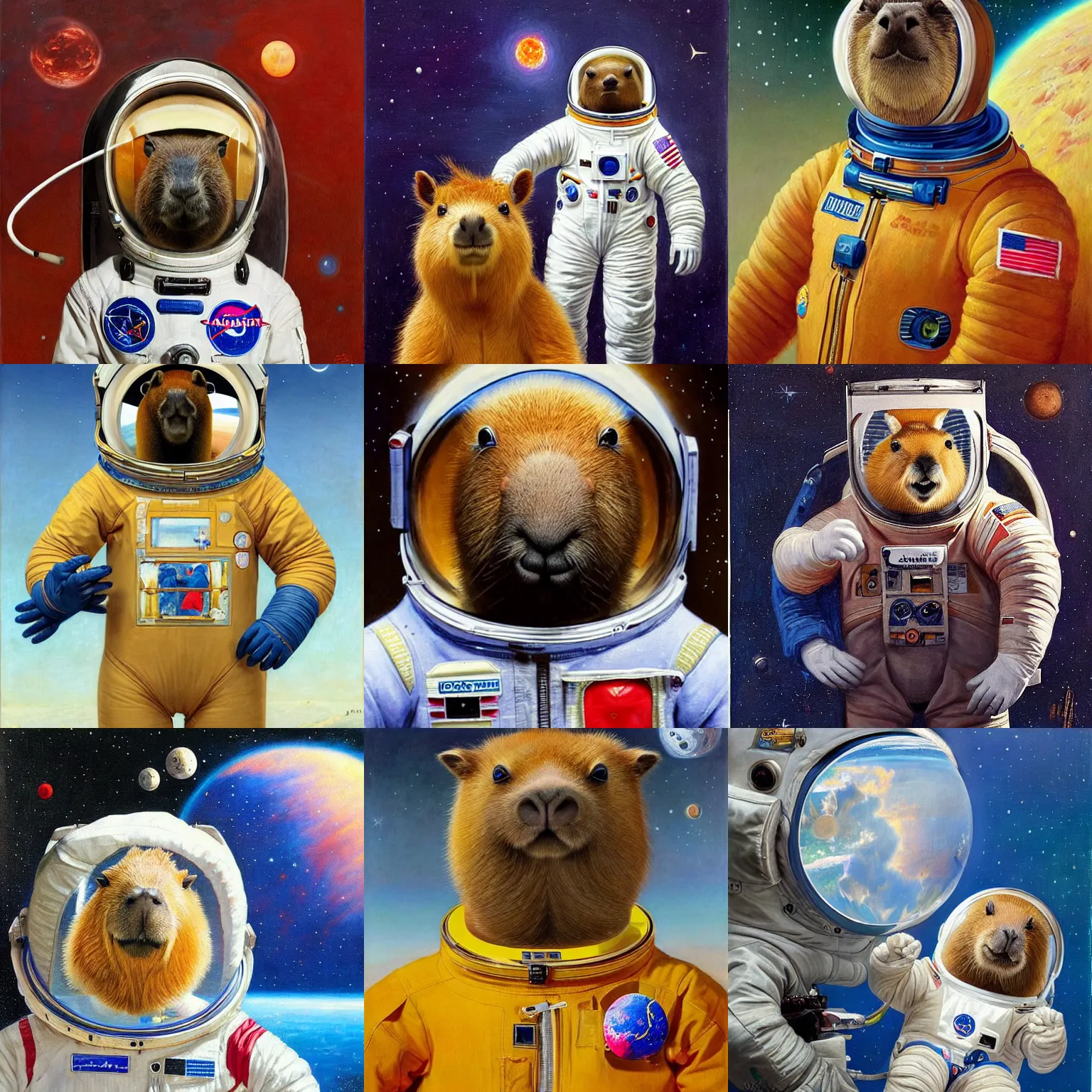 Prompt: beautiful detailed and adorable portrait of a happy capybara astronaut in a spacesuit, super cute, new contemporary, pop surrealism, oil painting, by eugene de blaas