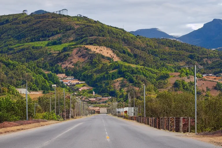 Image similar to looking down a road with warehouses on either side. hill background with radio tower on top. telephoto lens compression.