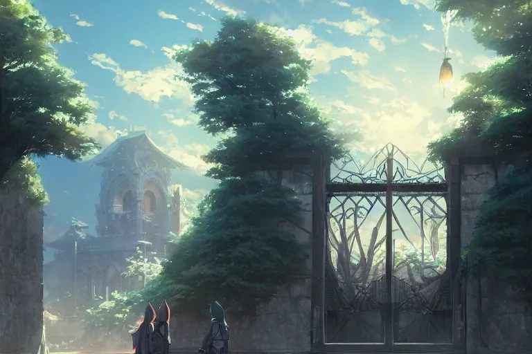 Prompt: ultra realistic, huge gate, colors, 8 k, hd, details, fantasy, epic, ancient city, landscape illustration concept art anime key visual trending pixiv fanbox by wlop and greg rutkowski and makoto shinkai and studio ghibli and kyoto animation symmetrical facial features