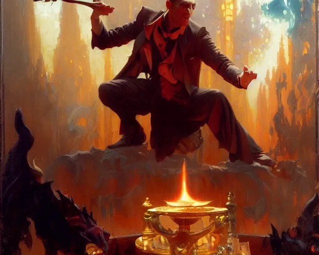 Prompt: attractive magician man, casting dark magic, summoning handsome demon. highly detailed painting by gaston bussiere, craig mullins, j. c. leyendecker 8 k