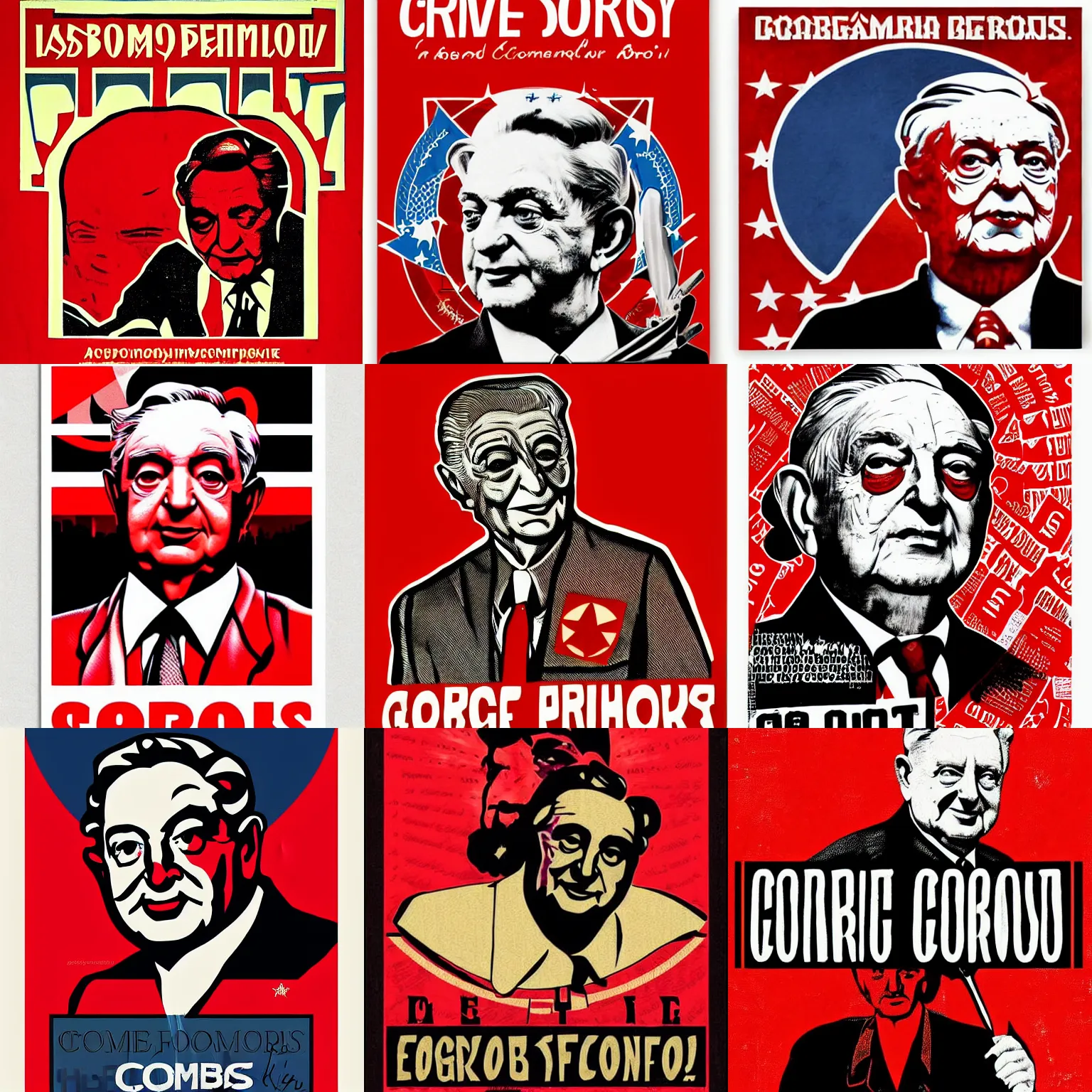 Prompt: george soros communist propaganda, high contrast, graphic design, red colors, by fairey shepard