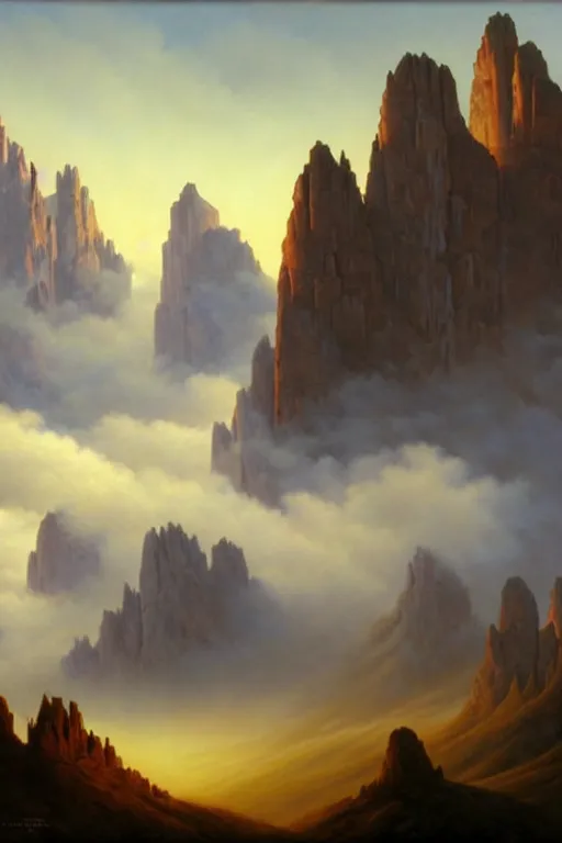 Prompt: painting of the dolomites surrounded by clouds, a detailed matte painting by christophe vacher, matte painting, ultra detailed, matte drawing
