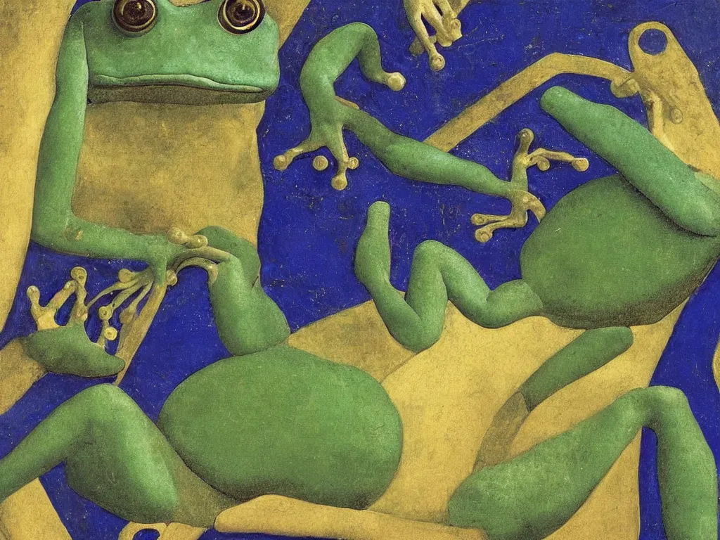 Prompt: portrait of a frog. lapis lazuli, malachite, turqouise, gold. painting by piero della francesca, balthus, agnes pelton