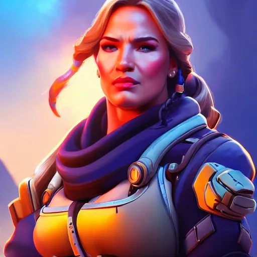 Image similar to a screenshot of arnold schwarzenegger as ana in overwatch, portrait, fantasy, beautiful face, vivid colors, elegant, concept art, sharp focus, digital art, hyper - realistic, 4 k, unreal engine, highly detailed, hd, dramatic lighting by brom, trending on artstation