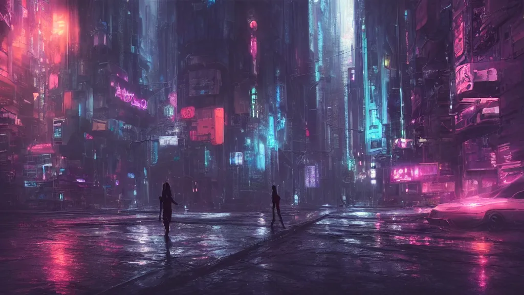 Prompt: a surreal dreamlike scene of a lone ghostly spirit wisp floating through a vibrant cyberpunk alien city at night, light rain, somber melancholic matte painting, highly detailed oil painting, liminal space, 8k, stillness, solitude, soft calm warm neon atmosphere, masterpiece