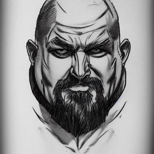 Image similar to tattoo sketch art of chonky ethan van sciver with bald head and a trimmed grey beard, artstation, cgsociety, detailed