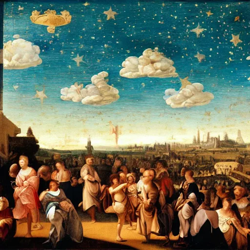 Prompt: a city market and the blue sky with clouds and stars and clouds for a man, and a woman wearing a pomade, in the style of a renaissance painting