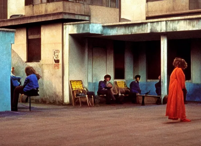 Image similar to still from an 7 0's underground art house movie by alejandro jodorowsky, edward hopper and chris cunningham : : outdoors scene, close - up of actors in an urban setting : : cinestill 8 0 0 tungsten 3 5 mm, high quality, triadic color scheme, technicolor