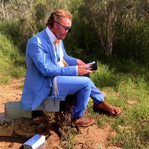 Prompt: Aussie opal hunter Greg The Bishop sat on the dunny reading Shakespeare