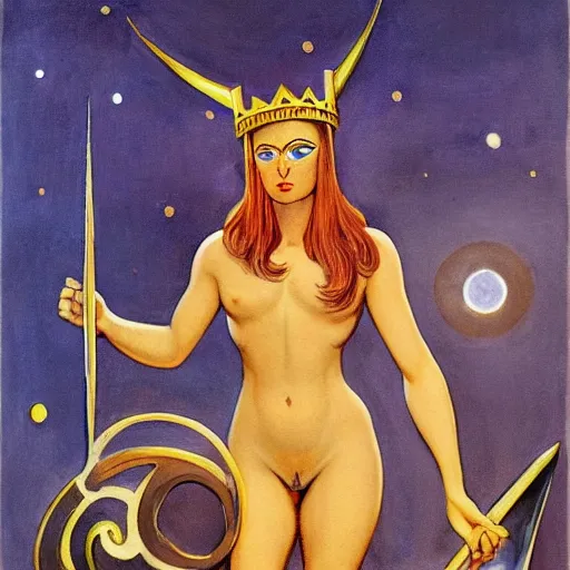 Prompt: Artemixel, the modern reincarnation of the old selenium god of hunt and moon, also known as Artemis the Selene, carrying the celebrated Crown of the Crescent Moon, wich its usual bright and slightly bluish crescent like the brightness of the night. Portrait by Frank Frazetta, oil on canvas