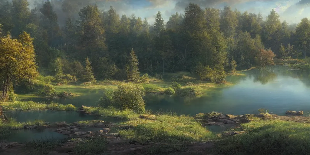 Image similar to a beautiful lake landscape in summer, by Ernest deutsch + Ted Nasmith, cinematic lighting, masterpiece, highly detailed, 8k resolution, trending on art station