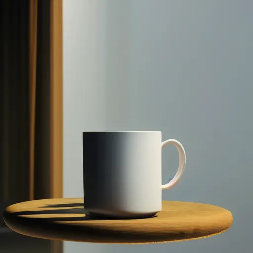 Image similar to White mug, hyperrealism, diffuse shadows, colored lighting, unreal engine 5 tech demo, octane render, Frank Lloyd Wright ((Studio Ghibli))