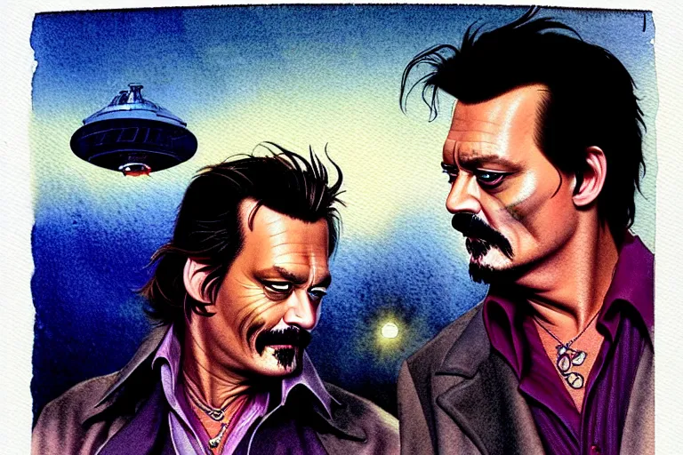 Image similar to a hyperrealist watercolour character concept art portrait of johnny depp and tom sellick on a misty well lit night in las vegas. a ufo is in the background. by rebecca guay, michael kaluta, charles vess and jean moebius giraud