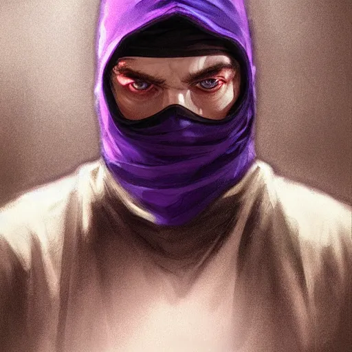 Image similar to ultra realistic illustration, man in a black hood, in a striped purple balaclava, mysterious, highly detailed, digital painting, artstation, concept art, smooth, sharp focus, illustration, art by artgerm and greg rutkowski and alphonse mucha