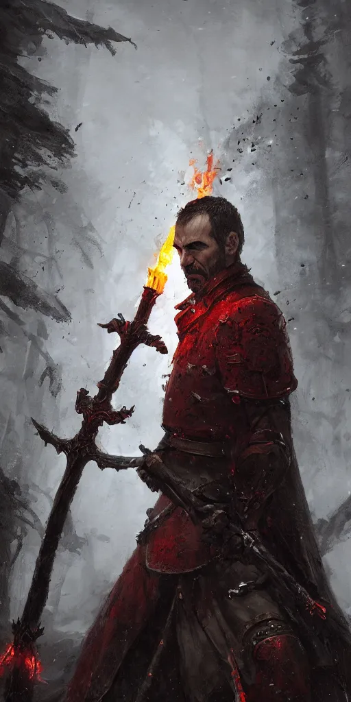 Image similar to stannis baratheon, artstation, jakub rozalski, flaming sword, high detail, dramatic lighting