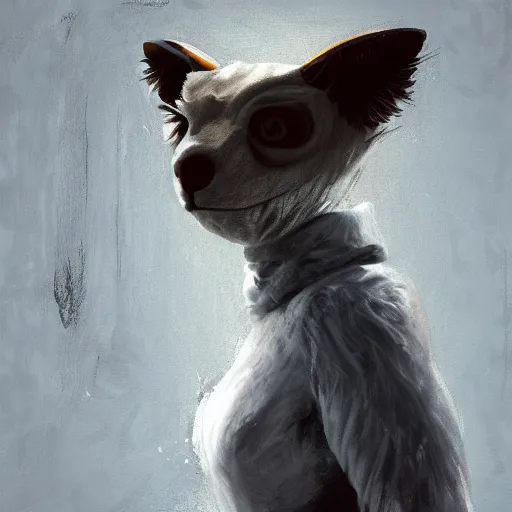 Image similar to Portrait furry ears snout collar neck paws Mummy Wraith wearing a silken leotard ASPCA National Geographic Wikipedia Demiurge pet adoption quill splatterpaint rorschach 4k artstation unreal engine render robert rauschenberg giorgio de chirico greg rutkowski