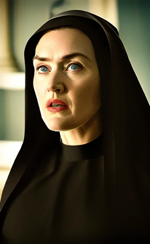 Prompt: kate winslet as a nun, intricate, cinematic lighting, highly detailed, canon 3 5 mm photography, horizontal symmetry, smooth, sharp focus