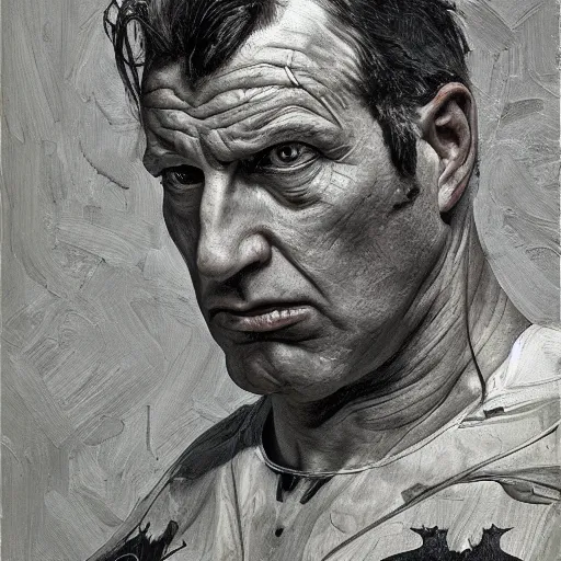 Image similar to high quality high detail painting by lucian freud, hd, portrait of a batman, photorealistic lighting