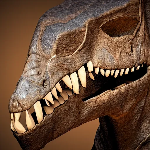 Prompt: a award winning photo of a dinosaur fossil with long tooth, photorealistic, bones, detailed, 8 k