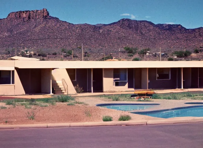 Prompt: a midcentury modern motel in tuscon arizona in the year 1 9 6 7