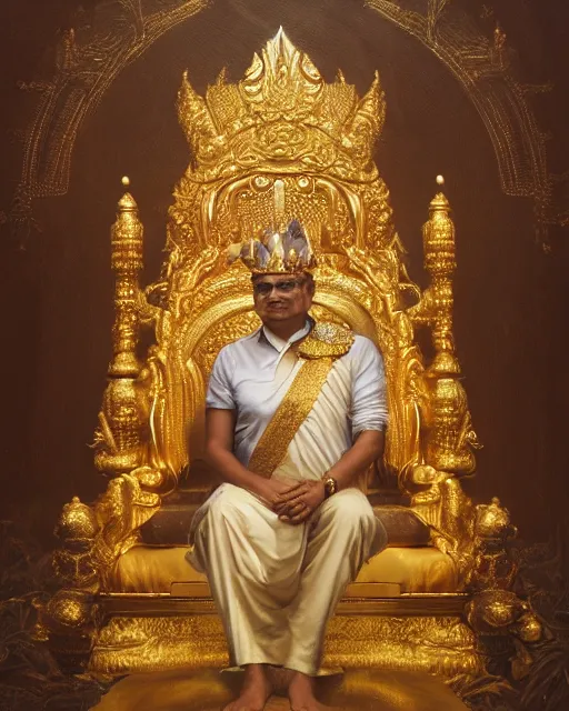 Prompt: oil painting of Ranil Wickramasinghe, sitting on golden throne, wearing golden crown, proud look, full body, sharp focus, fantasy style, octane render, volumetric lighting, 8k high definition, by greg rutkowski, highly detailed, trending on art Station, magic the gathering artwork, woodland backround