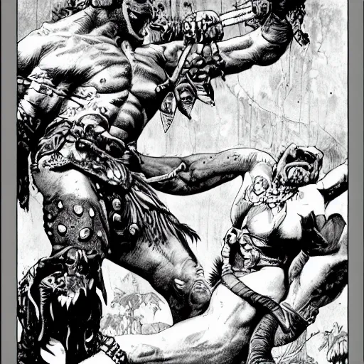 Image similar to grinning pit bull barbarian, fantasy warrior, drooling, ultra detailed, 4 k, style of norman rockwell, style of richard corben.