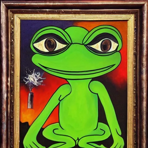 Image similar to pepe frog dream, oil on canvas, surrealism