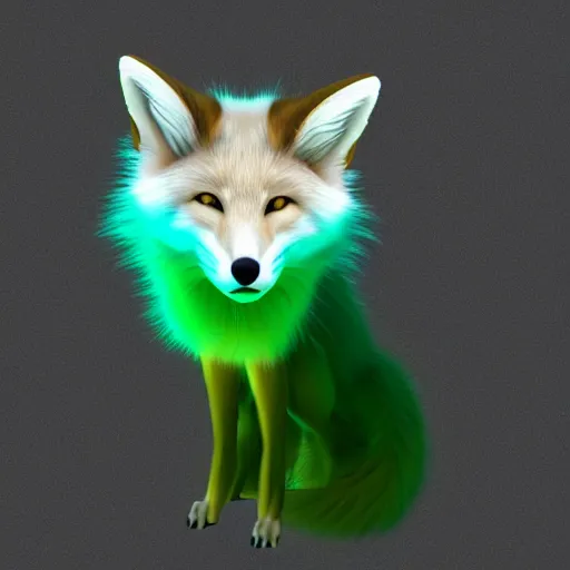 Prompt: digital natural green and white fox, retrowave palette, digital world, highly detailed, electric breeze, anatomically correct vulpine, synth feel, fluffy face, ear floof, flowing fur, super realism, accurate animal imagery, 4 k digital art