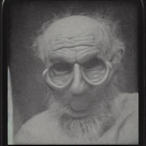 Prompt: a realistic polaroid photo of an old man after a failed experiment inside a laboratory, the head of the old man is deformed and dark, evil god, smoke, fire, demon, cosmic horror