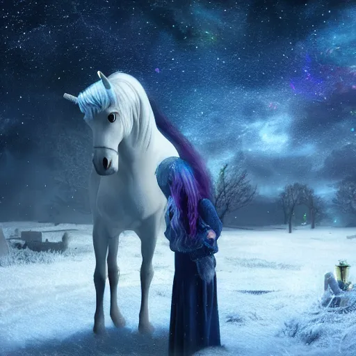 Image similar to a iridescent unicorn mourning a human in a snowy graveyard on a starry night, ultra realistic, concept art, intricate details, highly detailed, photorealistic, octane render, 8 k, fantasy art, art by mary jackson