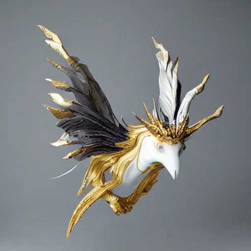 Image similar to white marble with gold accents, an eye with wings and fangs by ellen jewett