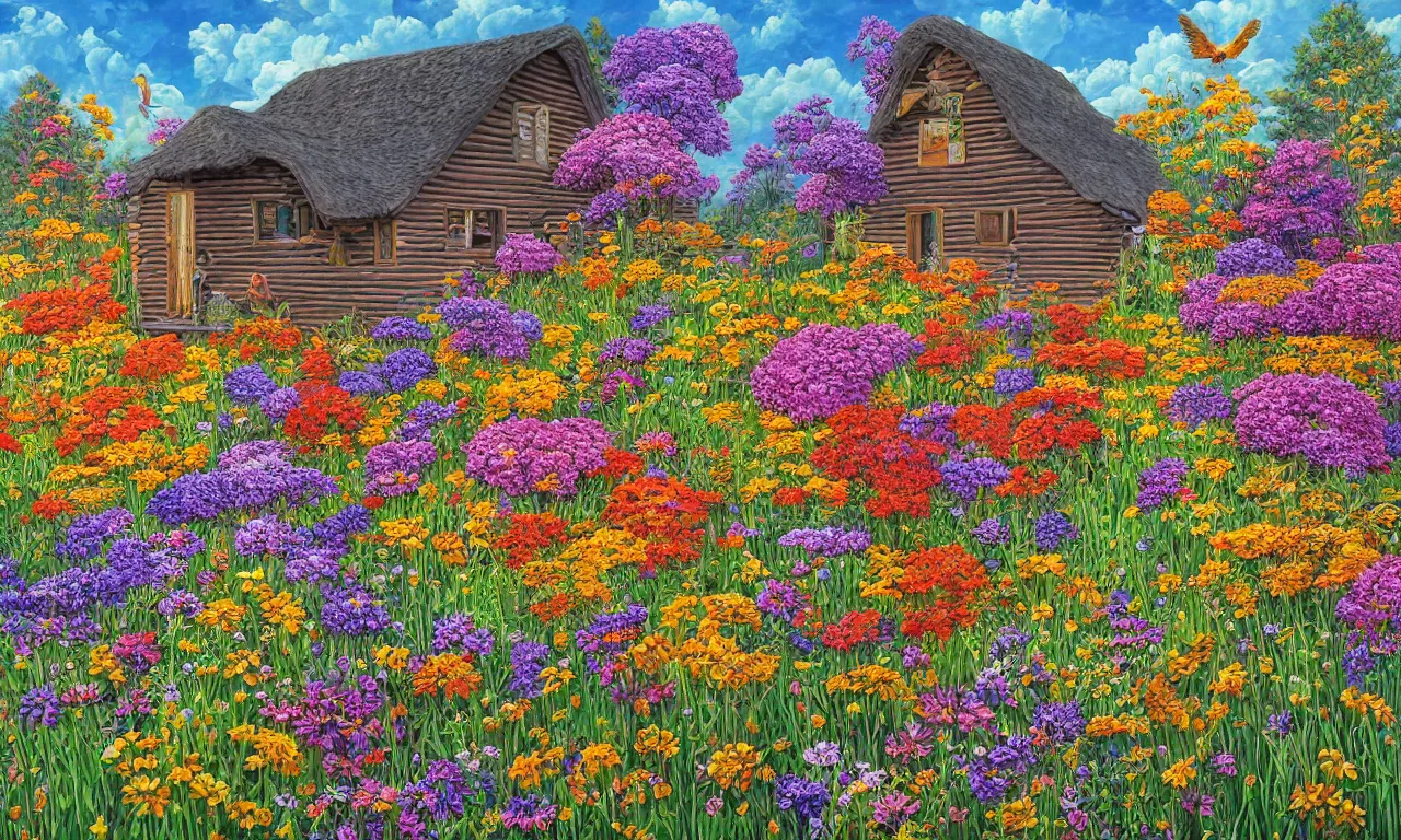 Prompt: a cabin in a mystical field of flowers illustration painting, oil on canvas, intricate, hd, digital art, overdetailed art, complementing colors, detailed, illustration painting by alex gray, digital art, moebius