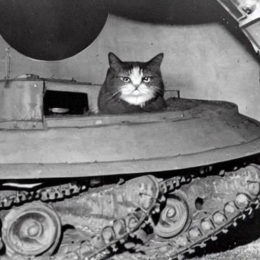 Image similar to old photograph of fat cat inside a world war 2 tank