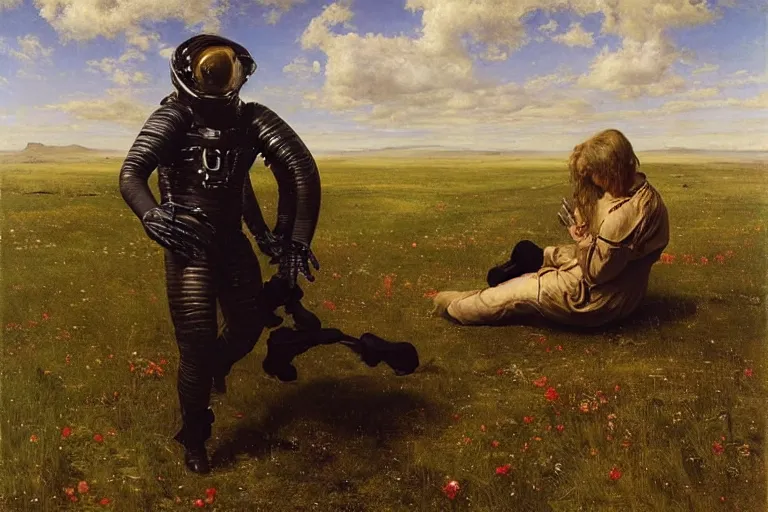 Image similar to sad portrait of an astronaut & a xenomorph in a meadow by sir john everett millais, photorealistic, hyperdetailed, ethereal, masterpiece, oil painting