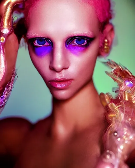 Image similar to natural light, soft focus portrait of a cyberpunk anthropomorphic fly with soft synthetic pink skin, blue bioluminescent plastics, smooth shiny metal, elaborate ornate jewellery, piercings, skin textures, by annie leibovitz, paul lehr