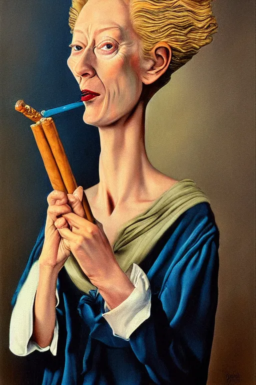 Prompt: photorealistic caricature of tilda swinton as assumpta corpuscularia lapislazulina smoking a cuban cigar by salvador dali, oil painting, detailed, centered
