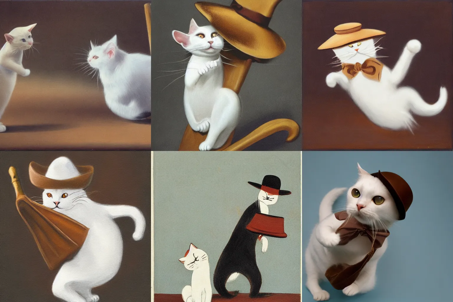 Prompt: A white cat with a brown hat dancing on a bat