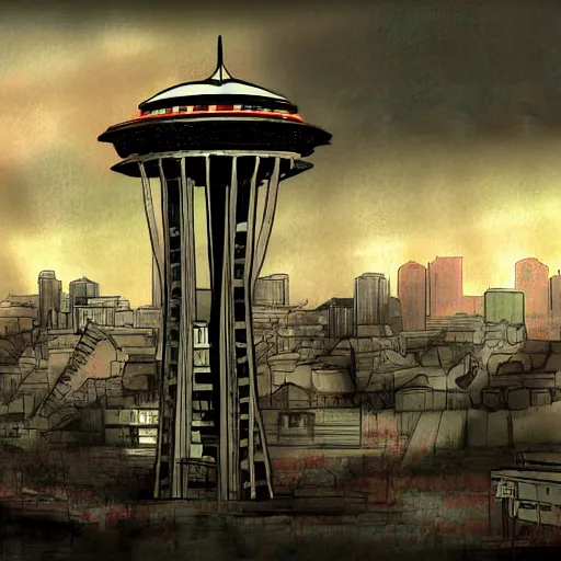 Image similar to seattle, abandoned and post - apocalyptic, concept art, digital painting