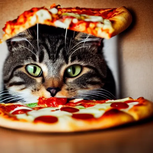 Image similar to close up of a cute cat eating pizza, off camera flash, fine hair detail, fine cat whiskers, sigma 24mm f/8